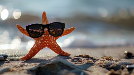 Wall Mural - A cute starfish wearing sunglasses