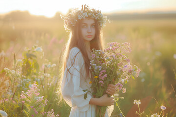 Beauty young woman model, flowing hair with wreath in middle of field with wildflowers. Bride in long white dress holds  bouquet of daisies. Golden hour, natural landscape, summertime. Generate AI