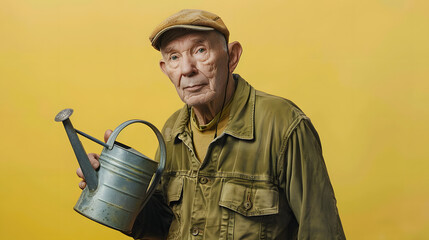 Wall Mural - An elderly gardener with short hair and a cap stands against a yellow background