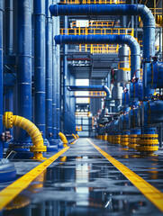 Wall Mural - Industrial pipelines in a modern factory. Engineering, manufacturing, and industrial architecture concept. Design for corporate report, industry brochure, technical background