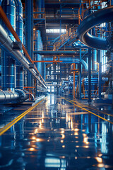 Wall Mural - Industrial pipelines in a modern factory. Engineering, manufacturing, and industrial architecture concept. Design for corporate report, industry brochure, technical background