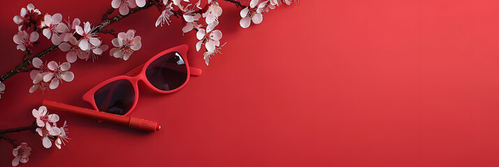 Wall Mural - Blossoms, eyewear and marker on a red chalkboard background with copy space for Teacher’s Day or Women’s Day concept