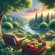 near the forest, garden, river and hills3D coulate beautiful enviornament day five chair one house in the sofa sat eid day cpachei dabal bed in the garden inone table on the a basket full of the grape