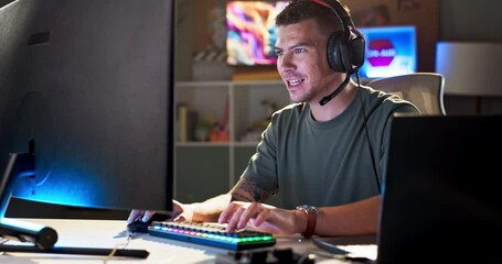 Leinwandbilder - Gaming, video game and man winning at night for entertainment, online pc games and esports. Gamer, neon lighting and person celebrate with headphones for virtual media, streaming and competition