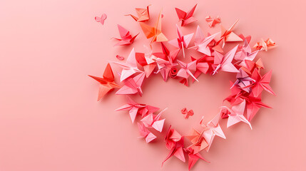 Wall Mural - Colorful origami cranes shaped like a heart on a cherry blossom pink background