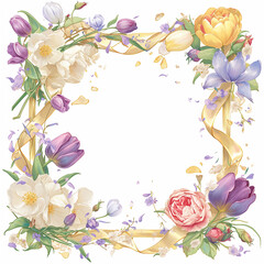 Poster - A yellow ribbon surrounds a frame of flowers. The flowers are of various colors and sizes, and they are arranged in a way that creates a sense of movement and flow. The ribbon adds a touch of elegance