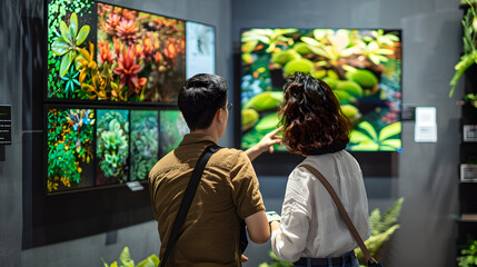 Wall Mural - In the electronics store, two people looked at different high-definition televisions with colorful and vivid images of plants on their screens