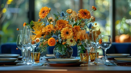 Sticker -   A vase with yellow and orange flowers sits atop a table, alongside wine glasses