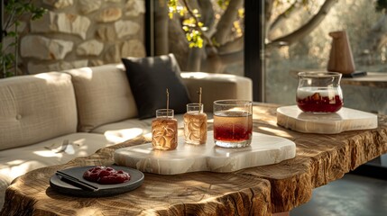 Sticker -   Wooden table with fruit and drinks arranged neatly on the tabletop, close to the sofa