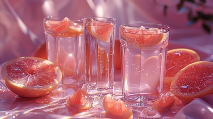 Sticker -   A table displaying three tall glasses of water and grapefruit slices next to a grapefruit