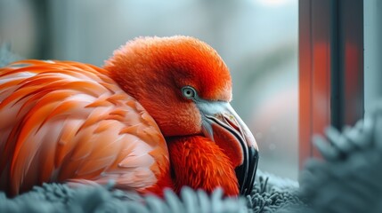 Canvas Print -   Red and white bird with a black beak and a red and white stripe on its neck