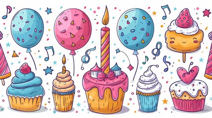 Poster -   Cupcakes with candles and balloons on a white background with confetti and music notes