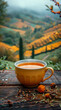 mug of tea, frontal view, beautiful tea fields, opera, double exposure photography, brown background --ar 5:9 --stylize 750