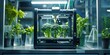 3D printer printing broccoli in a laboratory. Alternative food printing technology, space flights, military industry, synthetic fruits and vegetables, synthetic food, greens