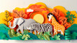 A colorful paper cutout art piece depicting a sunset in the African savannah, complete with an elephant, giraffe, and zebra among vibrant foliage.