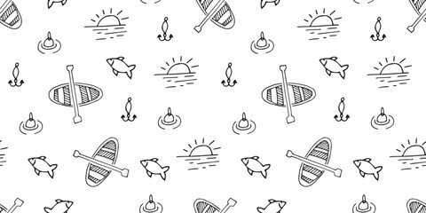 Wall Mural - the pattern. seamless pattern. drawing. doodle. camping. trip. textiles. background. black lines. fire. nature. food. barbecue. fishing. a beautiful pattern. seamless.