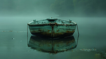 Poster -   A boat floating on a lake during a foggy morning surrounded by trees