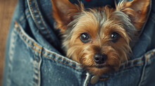 A Small Brown Puppy Is Peeking Out Of A Pocket. Concept Of Curiosity And Playfulness, As The Puppy Is Exploring Its Surroundings And Trying To See What's On The Other Side. Dog In Your Pocket