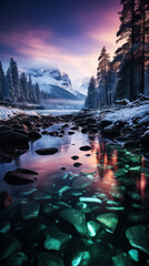 Wall Mural - Vivid aurora borealis illuminating an icy lake