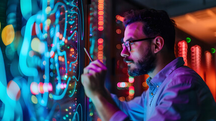 A software engineer jotting down ideas on a whiteboard in front of a server room with illuminated cables