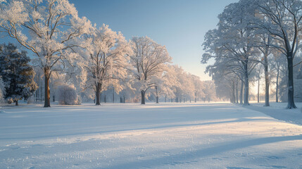 Poster -   A snow-covered park with trees and a bench in the center, surrounded by a lot of snow on the ground