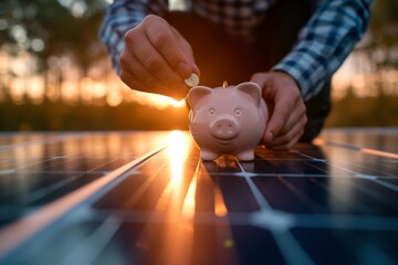 Man saving money for a sustainable future Putting coins into piggy bank in front of solar panels at sunset