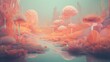 A colorful, surreal landscape with pink flowers and trees