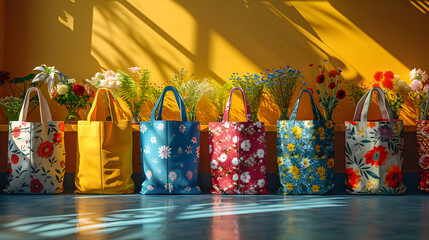 Eco-friendly floral reusable bags hanging on hooks for shopping. Sustainable tote bags. Generative Ai