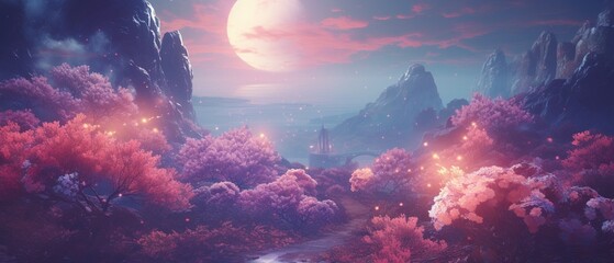 Wall Mural - A beautiful pink and purple landscape with a large moon in the sky