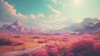 A beautiful, pink and purple landscape with mountains in the background