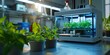 3D printer printing greens in laboratory. Technology for printing alternative food products, space flights, synthetic fruits and vegetables, vitamins, fake food, greens, basil, dill, parsley.