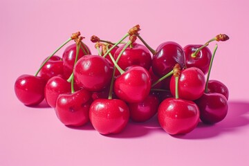 Wall Mural - Delicious ripe cherries on vibrant pink background with 'cherries' inscription, fresh and fruity concept