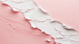 Fototapeta Las - Aesthetically torn white paper on pastel pink backdrop. Announcement concept. Elegant background. Generative AI
