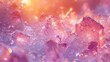   A detailed view of pink crystal formation on a pink-yellow canvas, softened by a hazy surrounding illumination