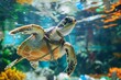 Sea turtle entangled in a plastic fishing net, struggling to survive, garbage and environmental pollution, futuristic background