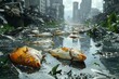 Dead fish floating in a polluted river, poisoned by industrial waste, garbage and environmental pollution, futuristic background
