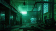 an abandoned industrial place, at night, few neon green and white lights