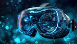 Fototapeta Do przedpokoju - virtual reality simulator glasses, Blue CGI futuristic virtual reality simulator glasses, reality technology background concept