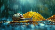 Portrait Of Snail On The Leaf In A Rainy Day In Street With A Big Space For Text Or Product Advertisement A Rainy Day Refreshment, Generative AI.