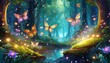 magical forest, butterflies, skylights, flowers, beautiful graphics for children