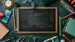 Photo of a chalkboard and school supplies on a green background