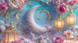 Moon and Stars with lamp in pastel colors, doodle style. Horizontal poster, greeting card