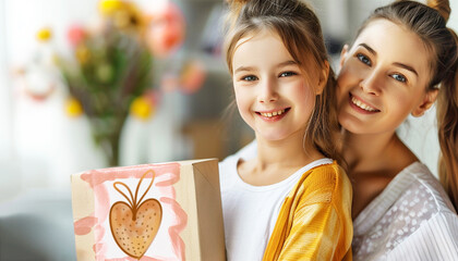 Wall Mural - Daughter with present for Mother's Day. Loving teenage girl gives gift box to mom on eve of eighth of March or mother day. Child kisses hugs woman after presenting. Family love