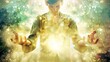 Spiritual, awakening, mindfulness concept. A human figure holding light in hands, with light emanating from the chest, symbolizing self-knowledge, spirituality, and meditation