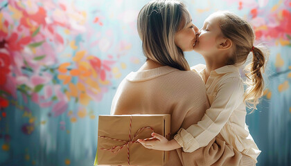 Wall Mural - Daughter with present for Mother's Day. Loving teenage girl gives gift box to mom on eve of eighth of March or mother day. Child kisses hugs woman after presenting. Family love