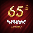 65 golden numbers, Anniversary white paper text and Celebrating word made of golden ribbons on red curtain background. Vector sixty fifth anniversary celebration event square template