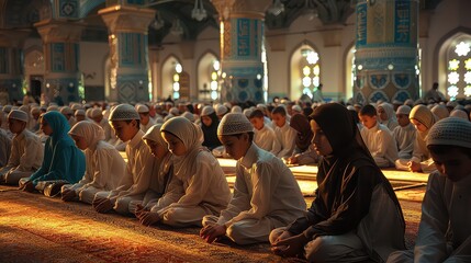 Group of Muslim people prying with their kids at the holy place.