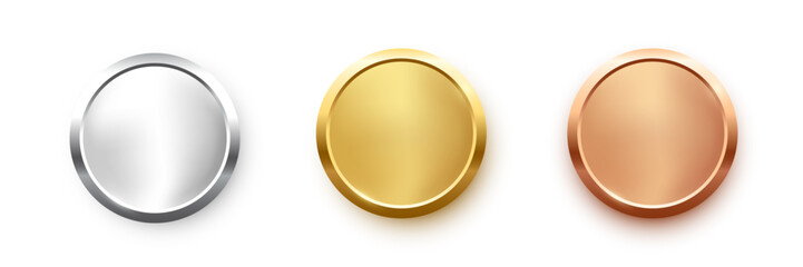 Wall Mural - award golden, silver and bronze blank medals 3d vector realistic illustration. first, second and thi