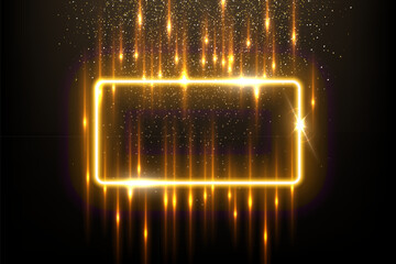 Poster - gold rectangle shape border with flash rays and sparks vector illustration. realistic 3d shiny golde