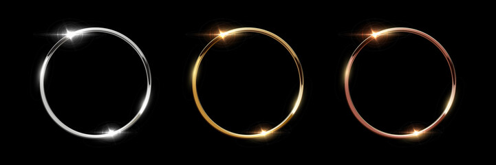 Fototapete - Gold, silver and bronze metal circle frames 3d vector realistic illustration. First, second and third place medals or buttons isolated on black background. Certified. Quality blank, empty badge set
